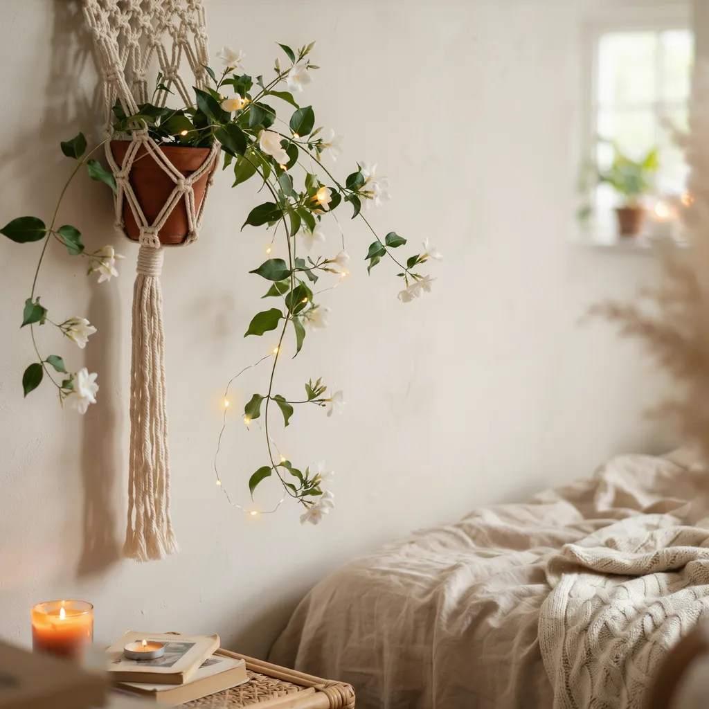 white jasmine trailing from macrame wall planter boho bedroom