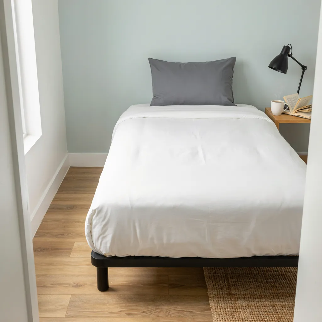 Minimalist black and white dorm bed setup