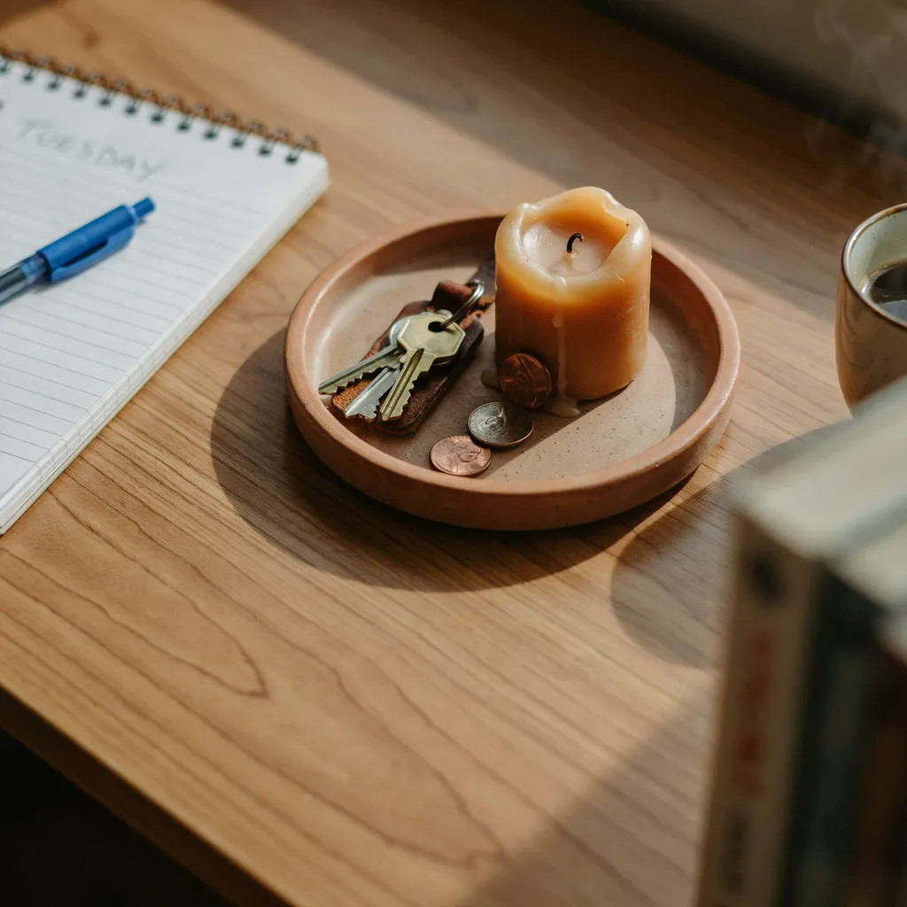 Terracotta tray on college dorm desk