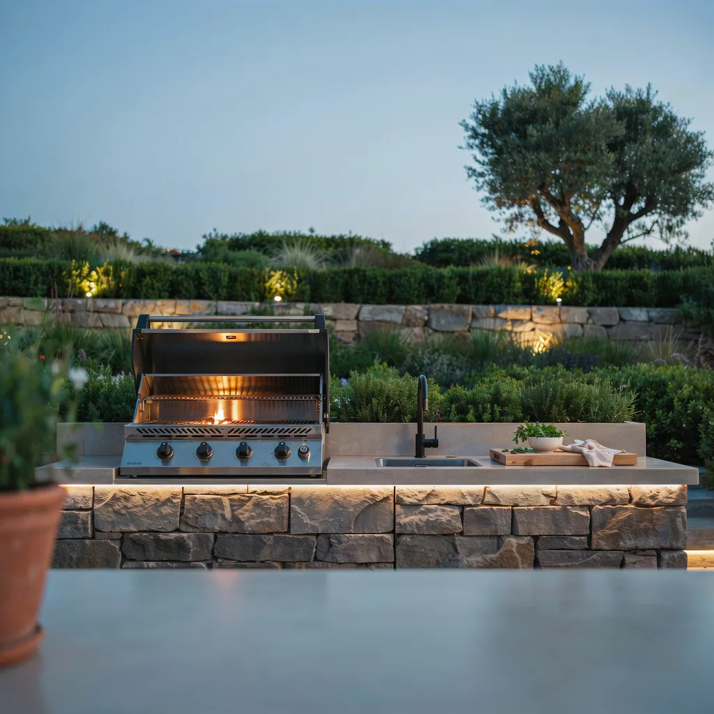 IP65 warm white LED strip lighting under outdoor kitchen countertop at dusk