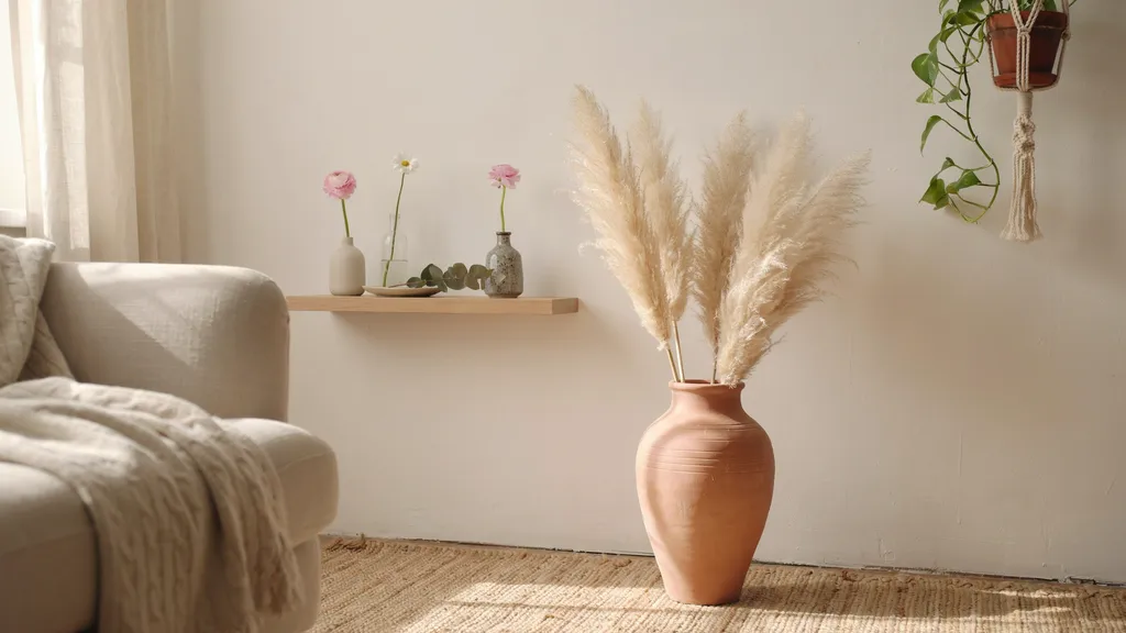 Flower decor ideas for living room with pampas grass in terracotta vase