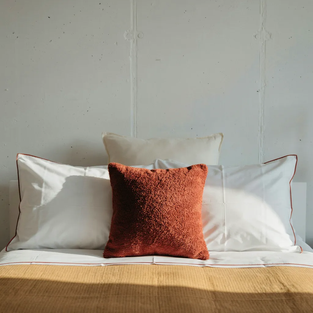 White pillowcases with terracotta piping and boucle accent pillow on twin XL dorm bed