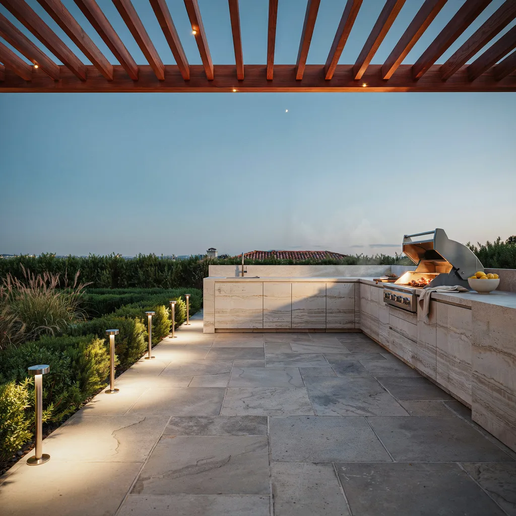 Low-voltage brass pathway lights along luxury outdoor kitchen perimeter at dusk