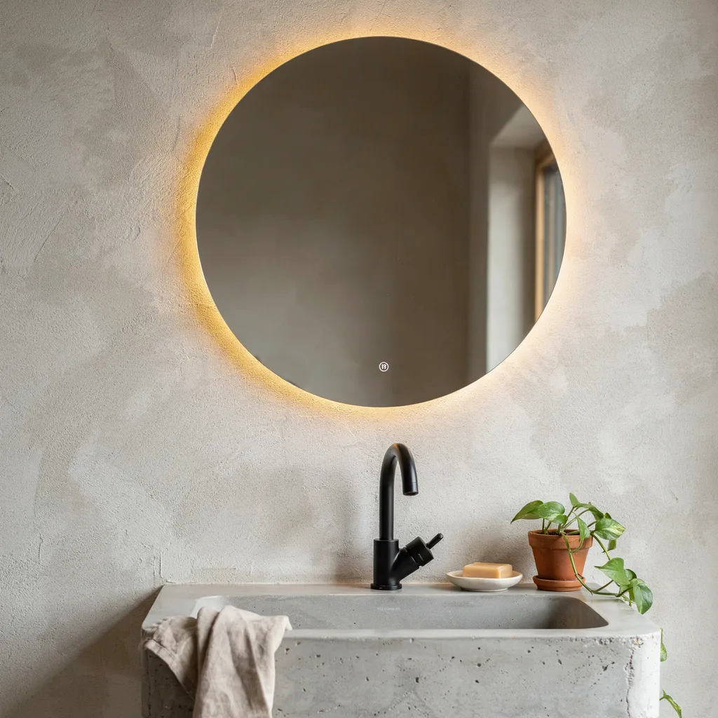 Industrial floating concrete slab sink with integrated ramp drain against a white wall
