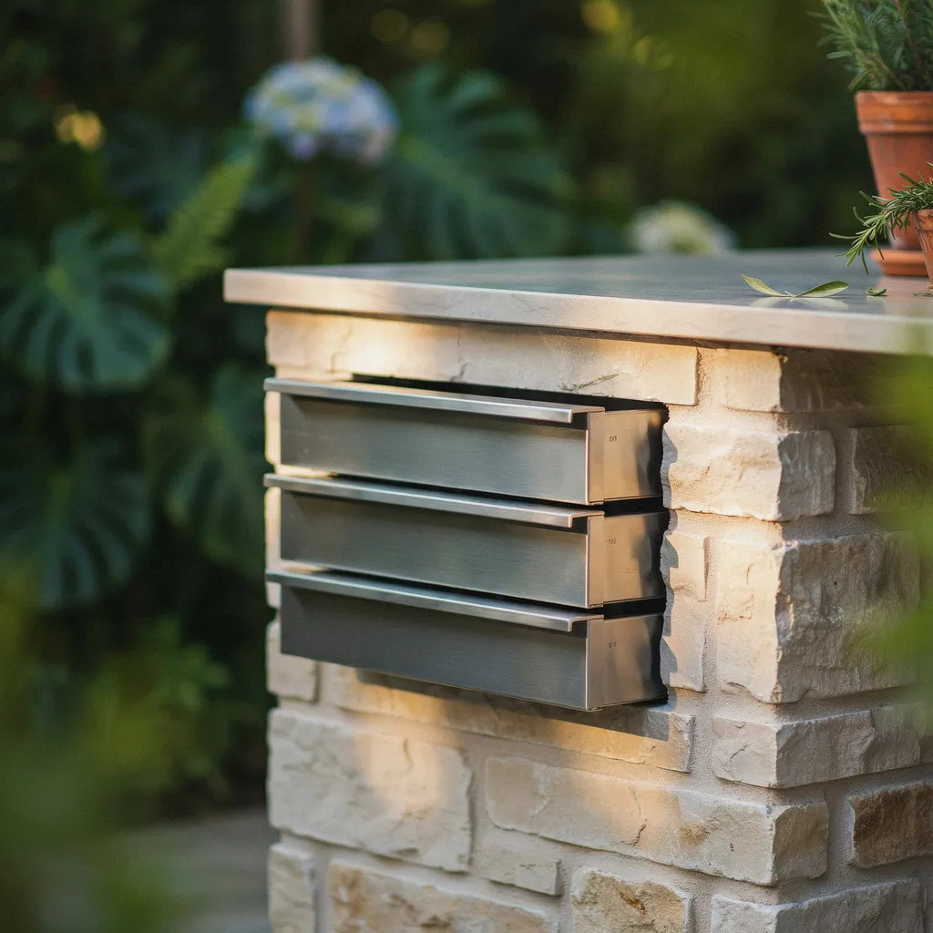 Marine-grade 316 stainless steel flush-mounted drawers in stacked limestone outdoor kitchen island