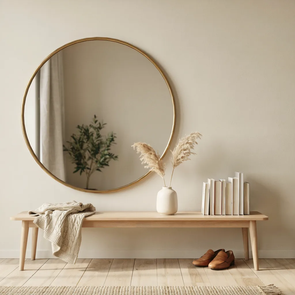Oversized brass mirror asymmetric placement above console table