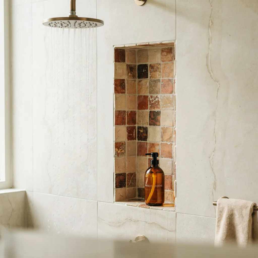 Off-center recessed niche in a tiled shower wall