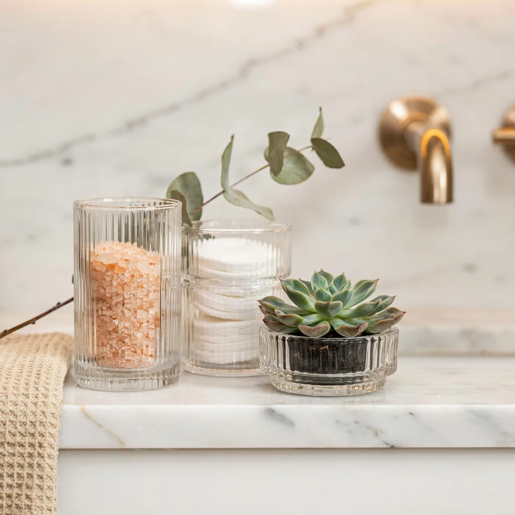 Ribbed glass containers on a bathtub ledge