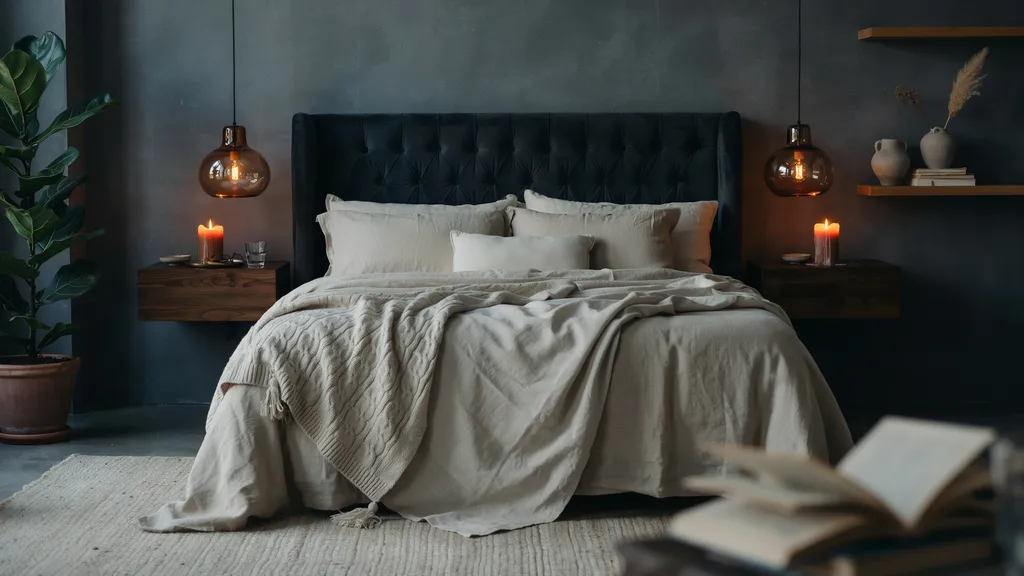 Cozy moody bedroom ideas with dark walls warm amber lighting and layered velvet textures