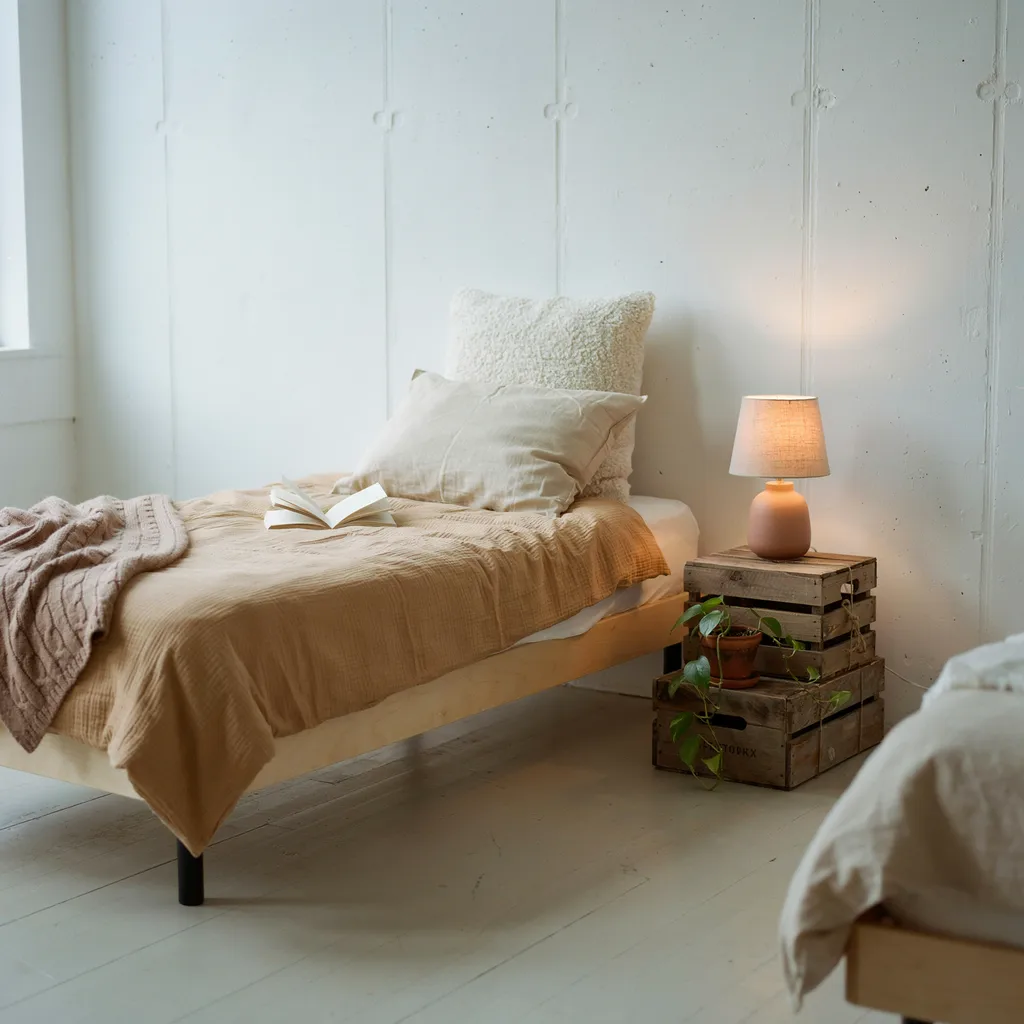 Euro pillow in cream boucle case propped against white dorm wall as headboard substitute on twin XL bed with sand waffle duvet