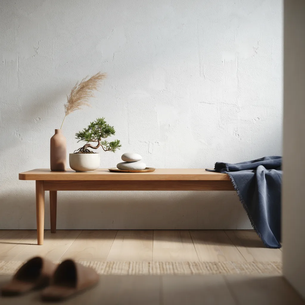japandi walnut console table with bonsai tree and river stone entryway