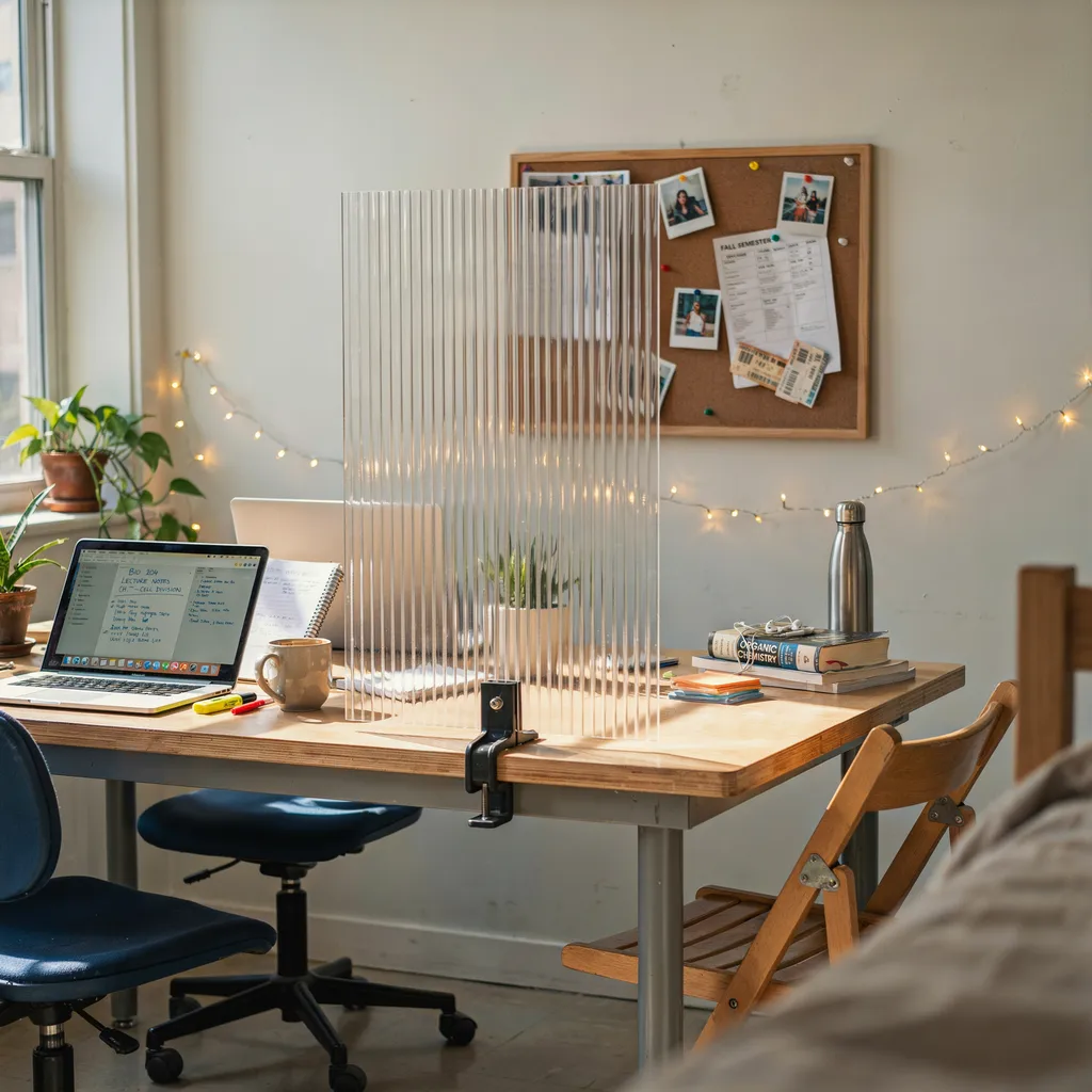 Acrylic privacy screen on shared dorm desk