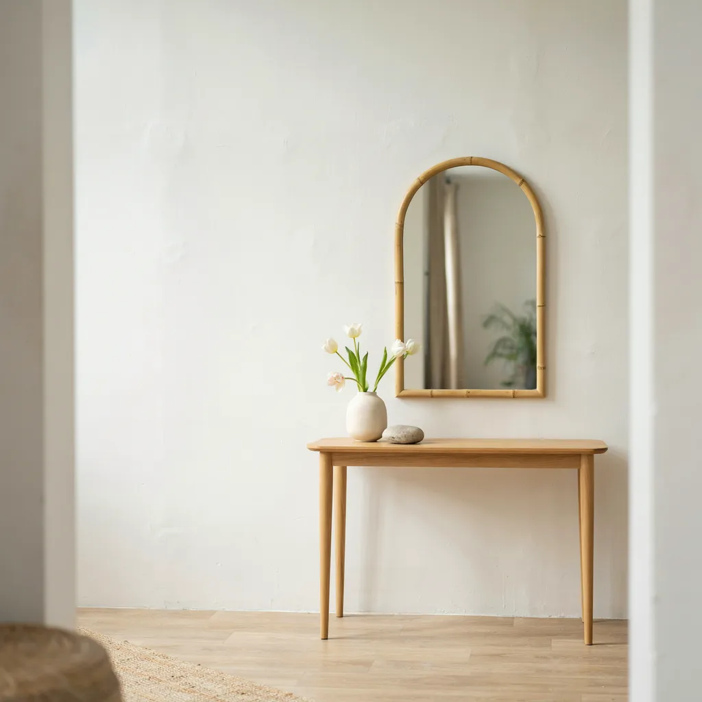 Tall arched bamboo mirror above console table in minimalist hallway