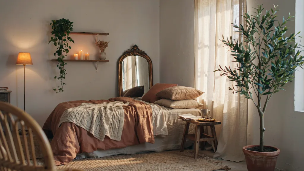13 cozy bedroom inspo ideas to copy with warm amber lighting and organic linen bedding