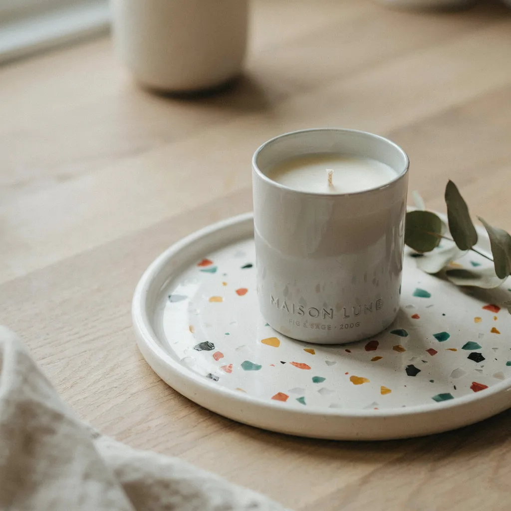 Terrazzo-flecked clay coaster holding a candle