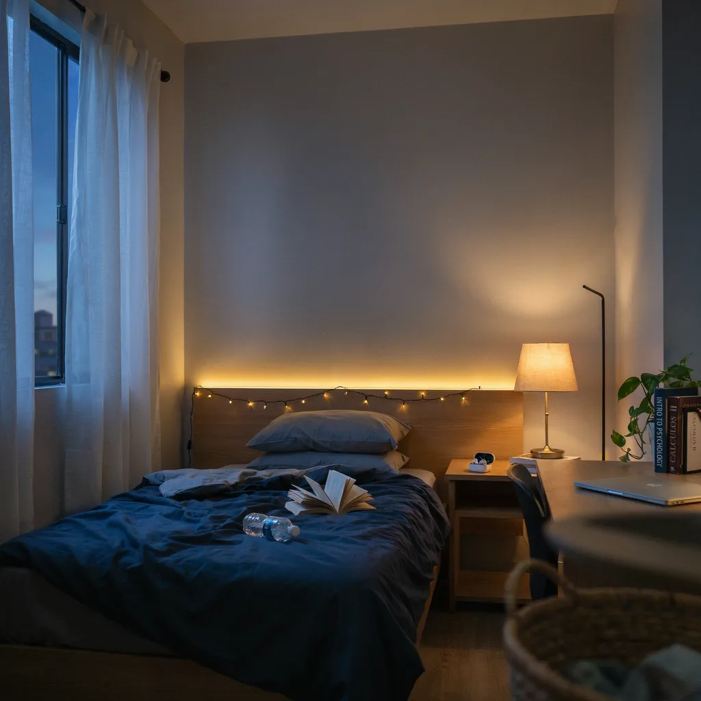 Layered warm lighting in dorm bedroom