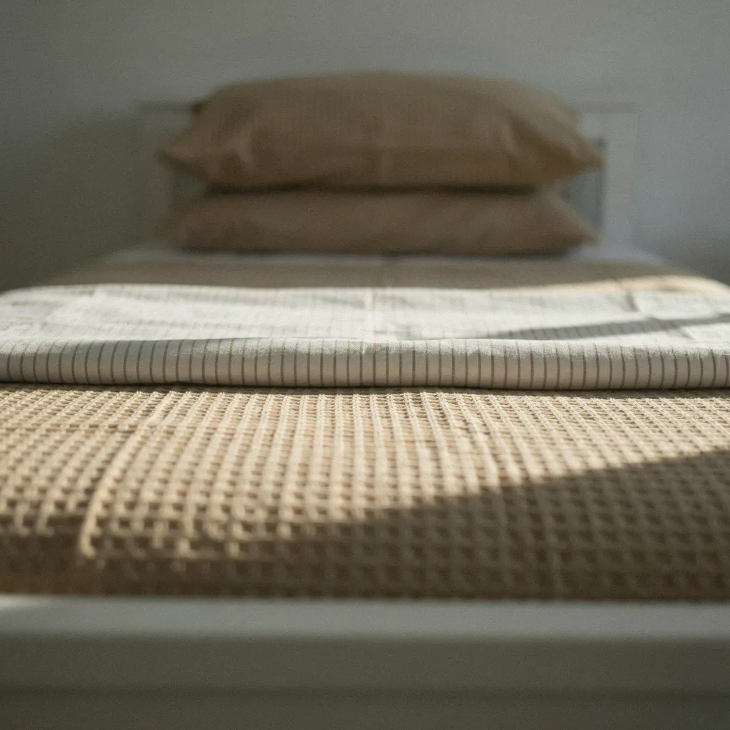 Pinstripe percale sheet folded back over oat waffle duvet on twin XL dorm bed