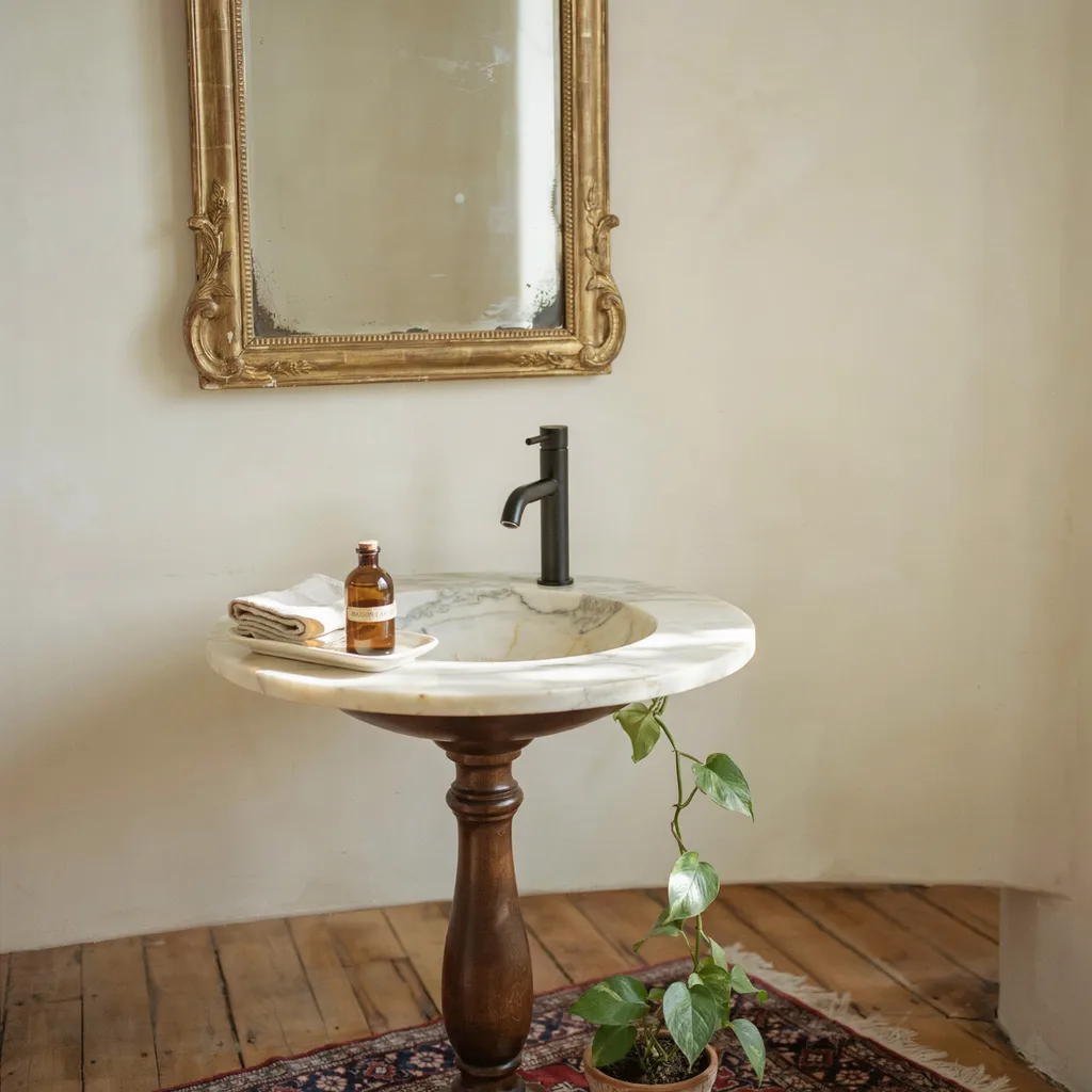 Vintage gold mirror with modern black faucet