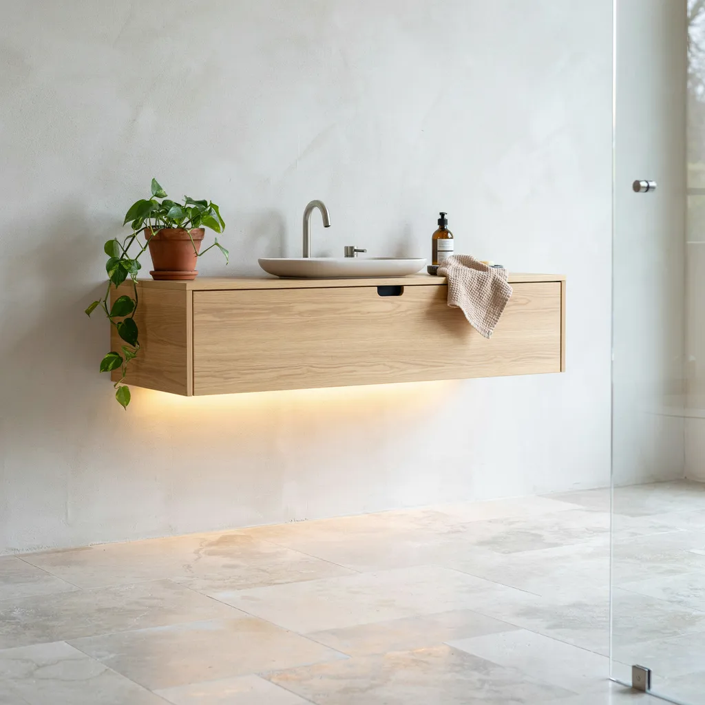 Floating vanity with warm LED under-glow