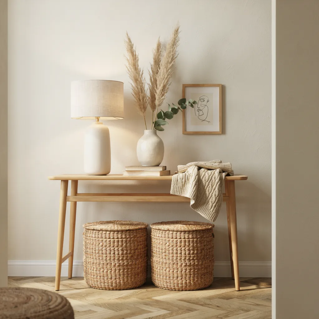Matching seagrass baskets underneath open frame console table