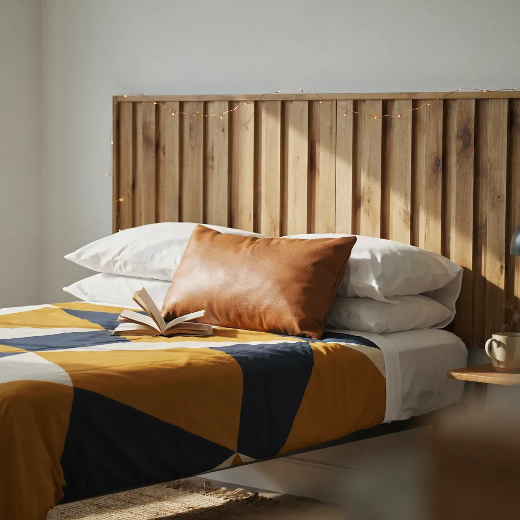 Mid-century geometric pattern dorm bed styling
