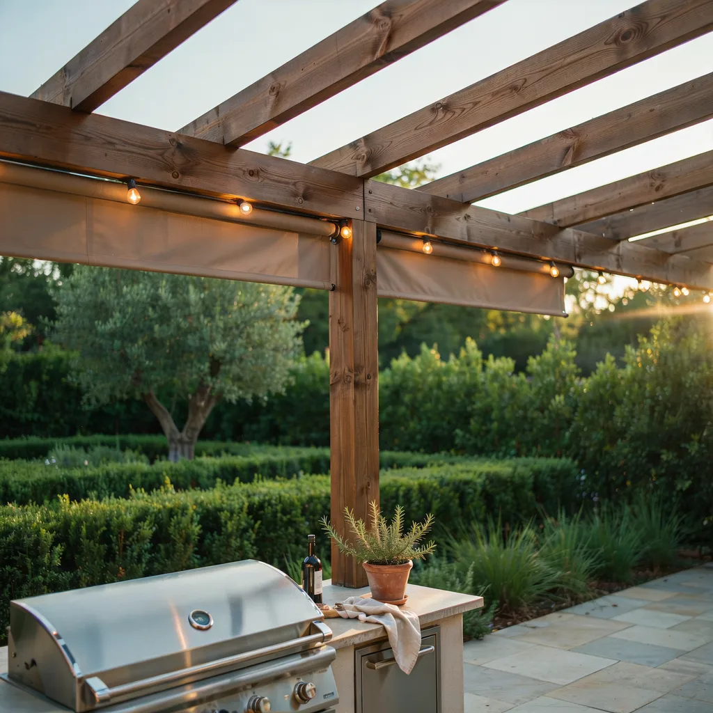 Cedar pergola with retractable sand canvas shade over luxury outdoor kitchen