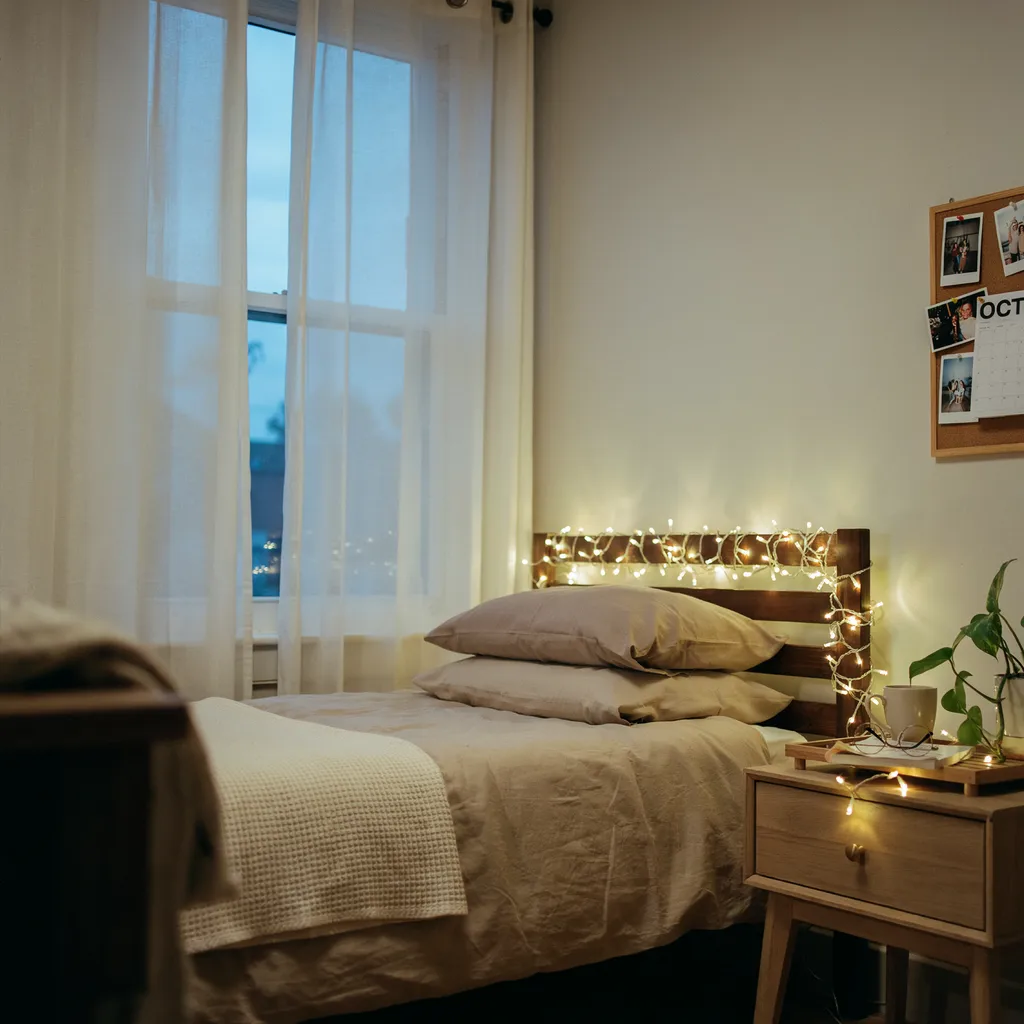 Dorm bed headboard with warm string lights