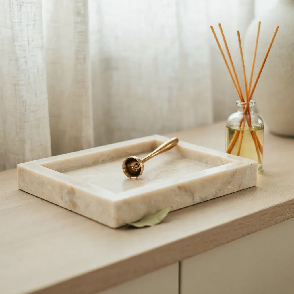 Travertine tray styled on console table surface