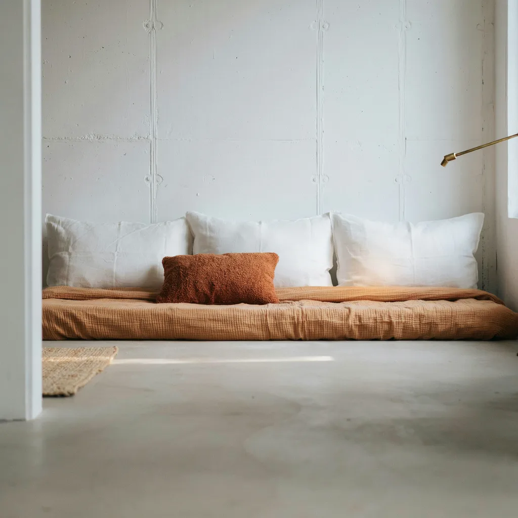 Three cream linen Euro shams stacked as daybed silhouette on twin XL dorm bed