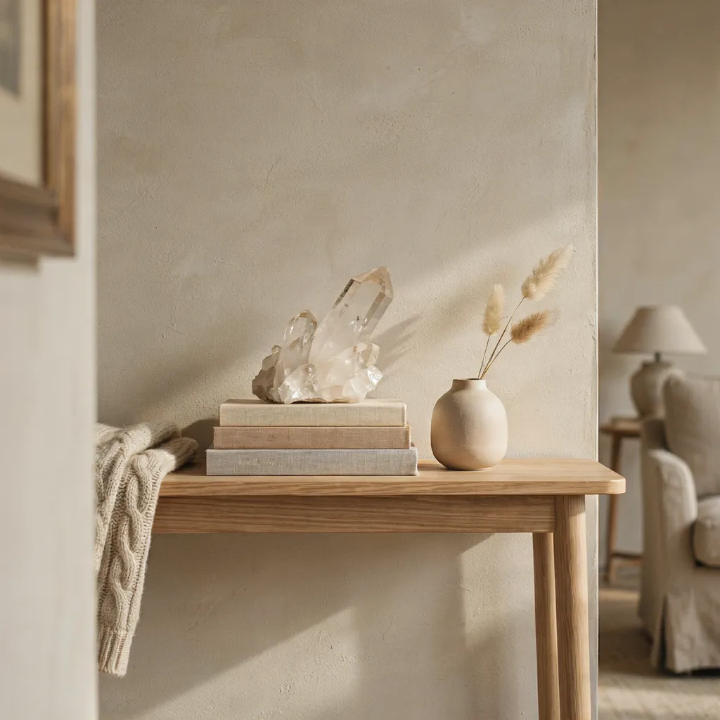 Stacked linen books with crystal quartz on console table