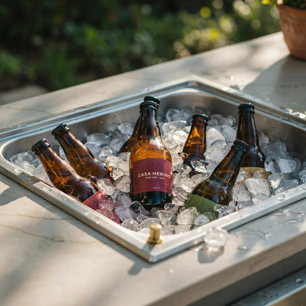 Flush-mounted stainless steel ice chest well in greige porcelain outdoor kitchen countertop