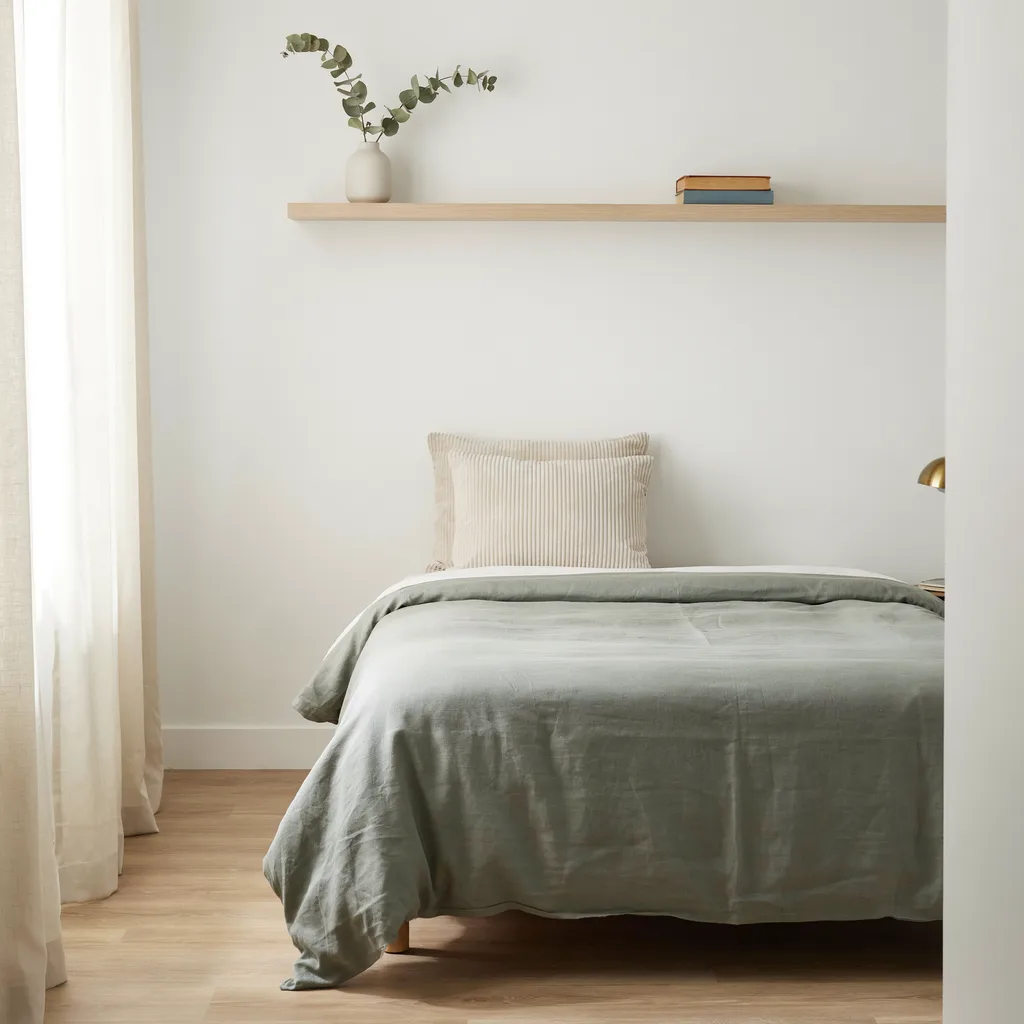 Sage green dorm bed with cream corduroy pillows