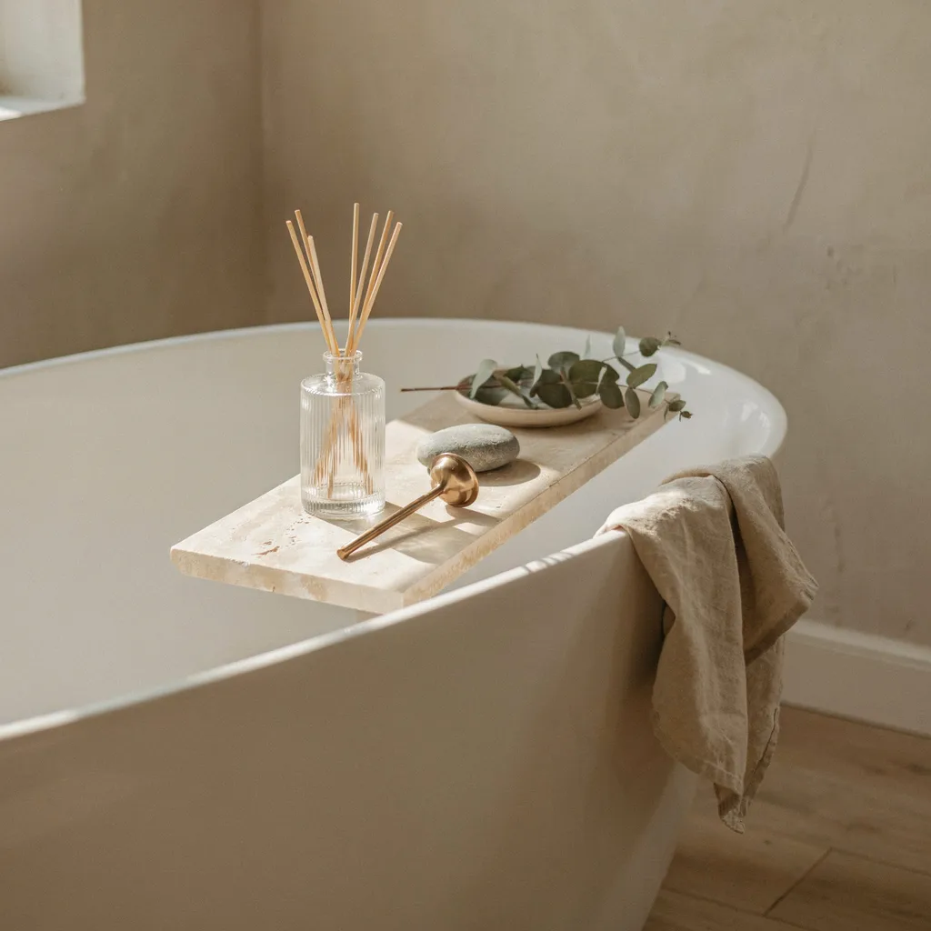 Honed travertine tray styled on a bathtub deck