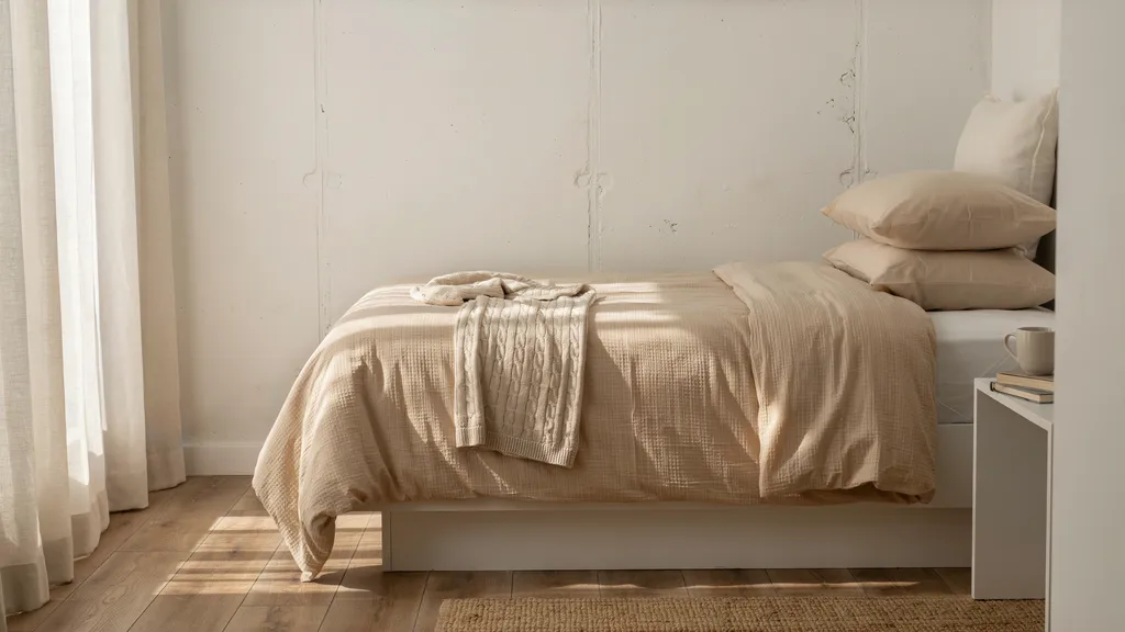 Styled twin XL dorm bed with waffle-weave oat duvet, cream Euro pillow, and chunky knit throw in a minimal white dorm room