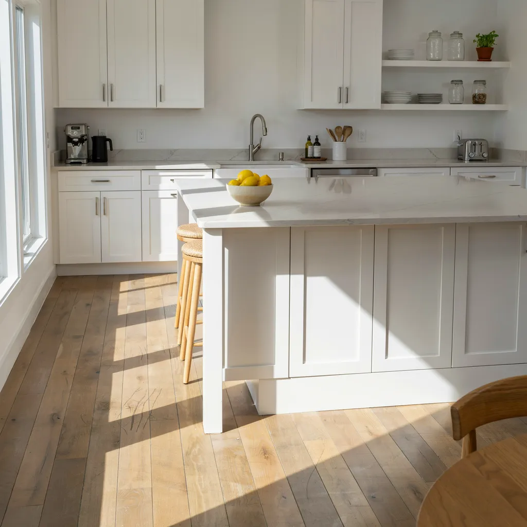 Wide-plank light oak flooring in a modern white kitchen