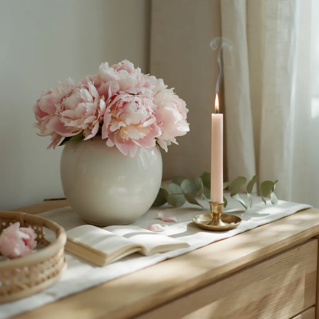 blush pink peonies in white ceramic vase on bedroom dresser