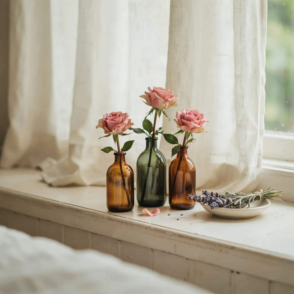 blush pink roses in vintage amber glass bottles bedroom windowsill
