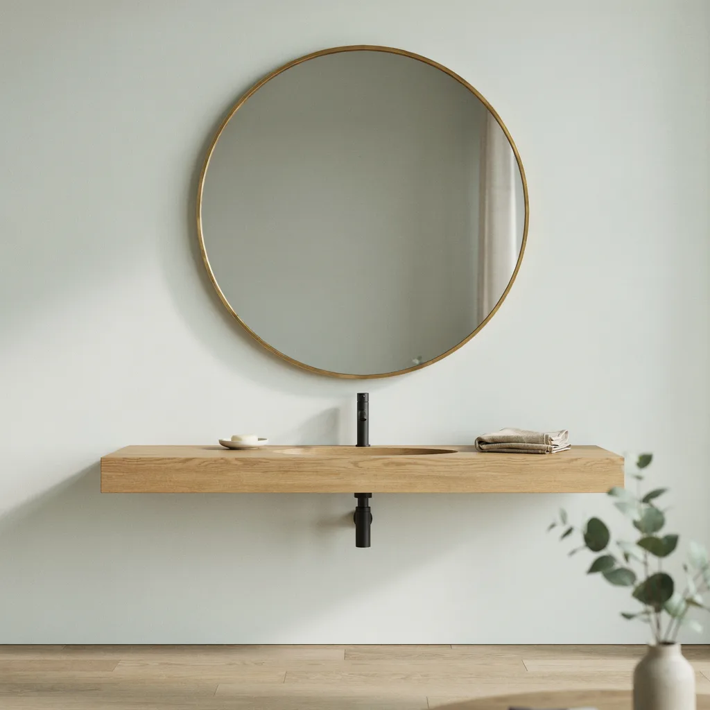 Large oversized round mirror with thin black metal frame over a bathroom sink