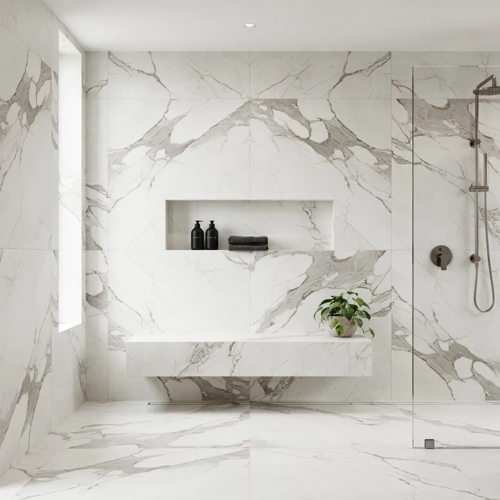 Floating tiled bench in a walk-in shower