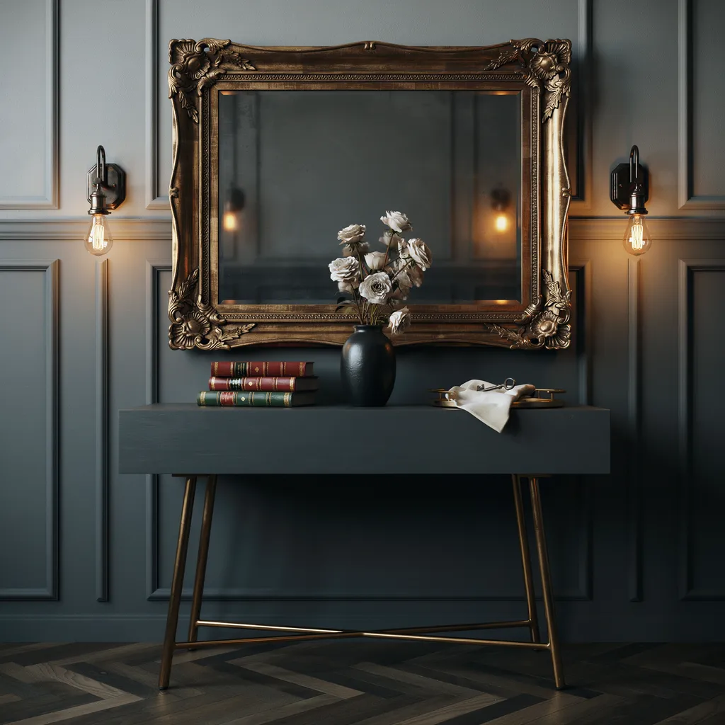 dark charcoal console table with gold mirror and dried white roses entryway