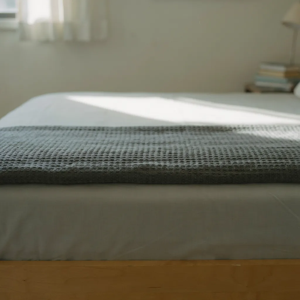 Waffle-weave throw folded on dorm bed