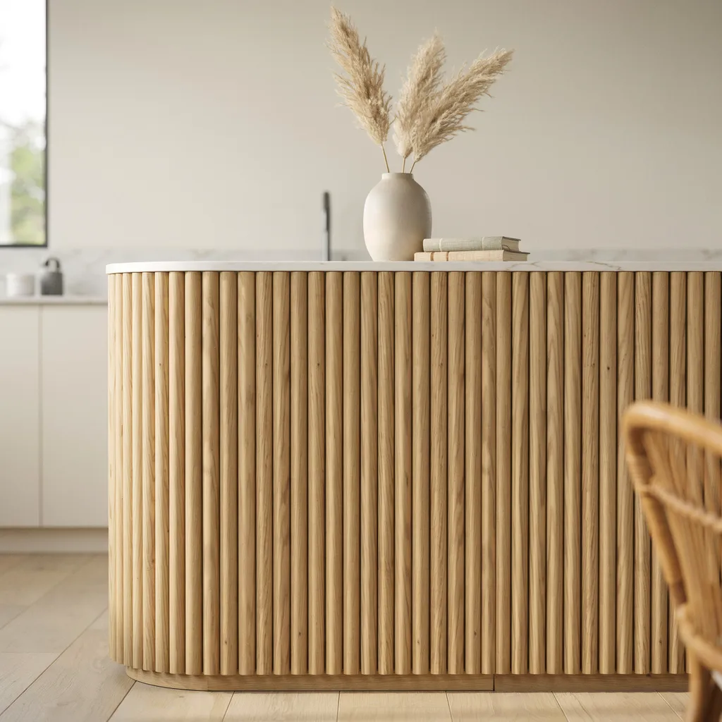Kitchen island base wrapped in fluted white oak wood panels