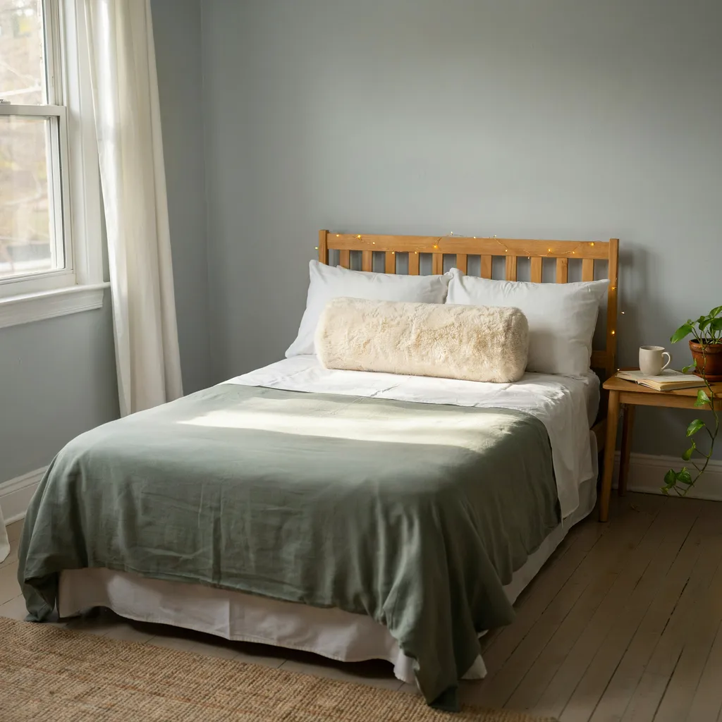 Faux-shearling bolster pillow on dorm bed