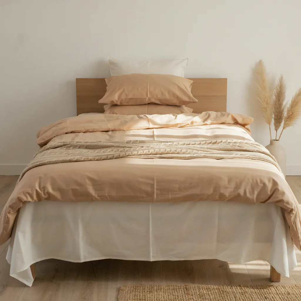 Monochromatic twin XL dorm bed in warm beige tones with cream sheet, sand duvet, oat throw, and caramel pillowcases