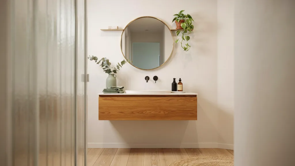 Small bathroom decor idea with walnut vanity