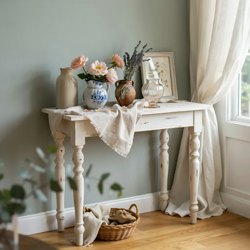white distressed console table with blush roses and lavender ceramic vases entryway