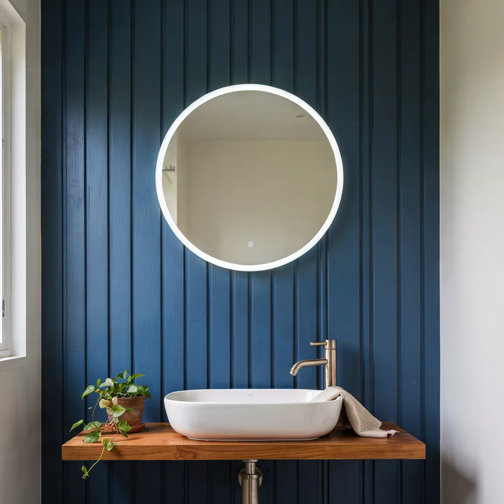 Navy slat accent wall small bathroom