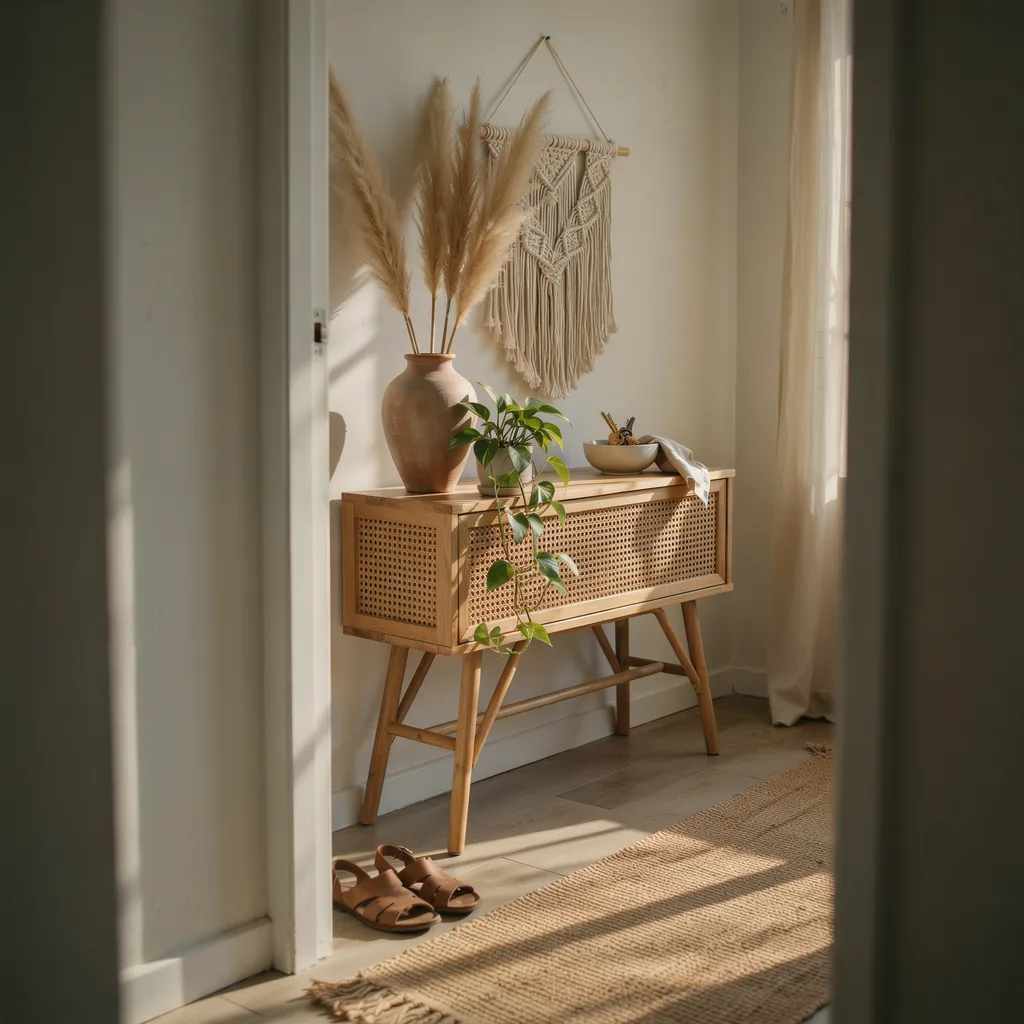 boho rattan console table with dried pampas grass in terracotta vase entryway