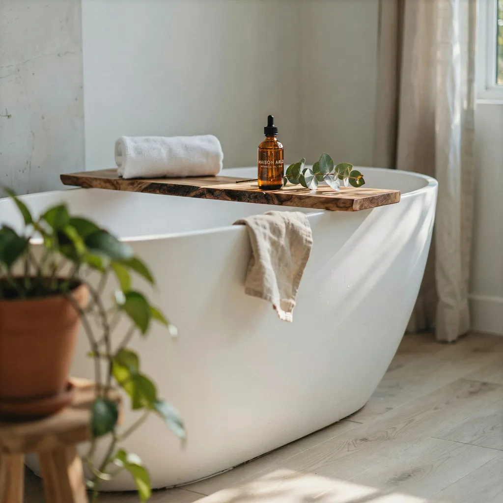 Live-edge walnut caddy across a freestanding bathtub