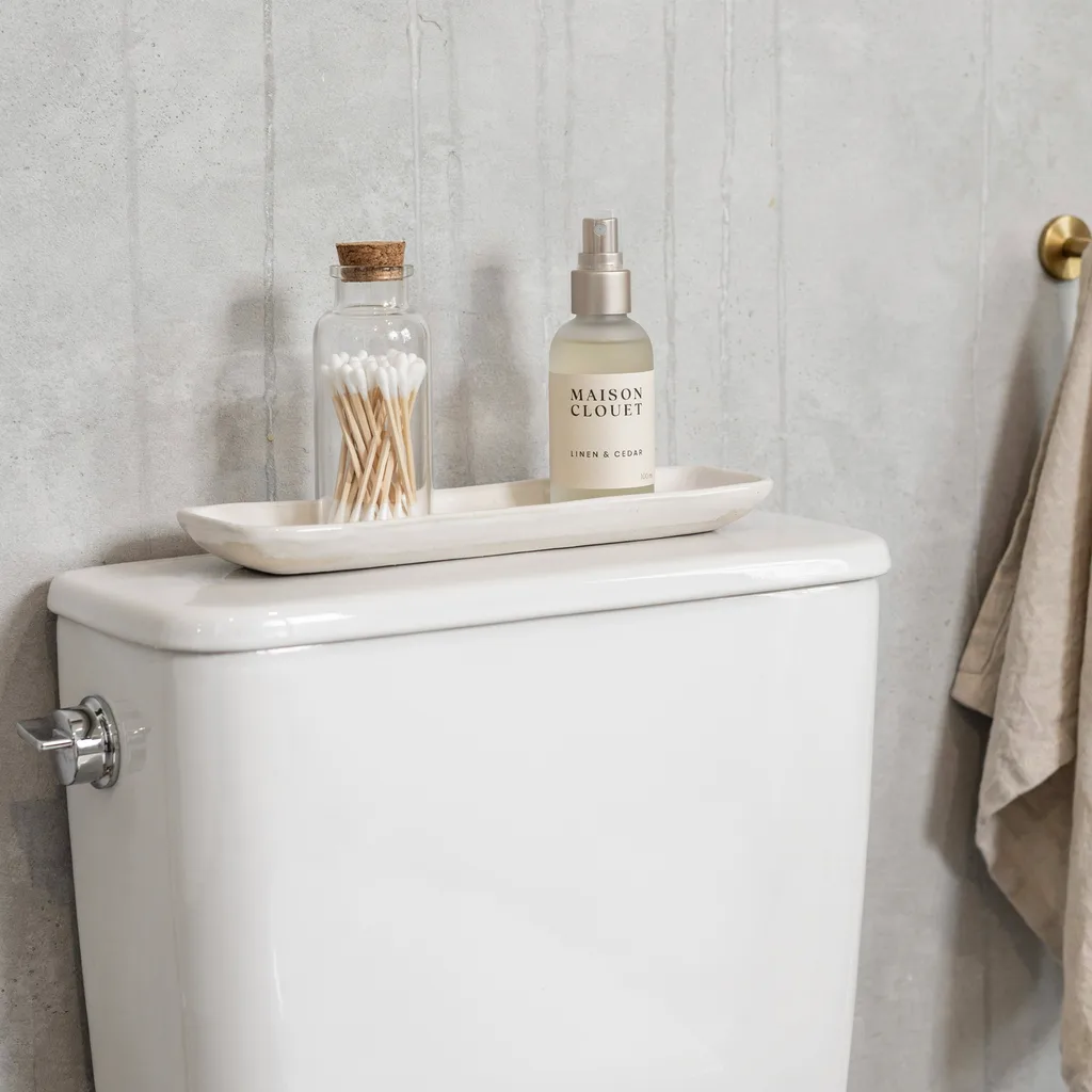 Long clay trough tray on a toilet tank